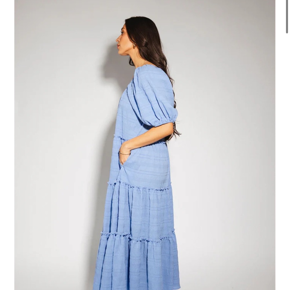 Blue Tiered Maxi Dress with Puff Sleeves - Picture 3 of 3